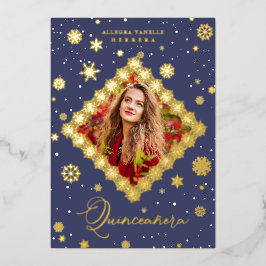Quinceañera Golden Snowflakes Winter Christmas 箔招待状