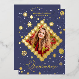 Quinceañera Golden Snowflakes Winter Christmas 箔招待状