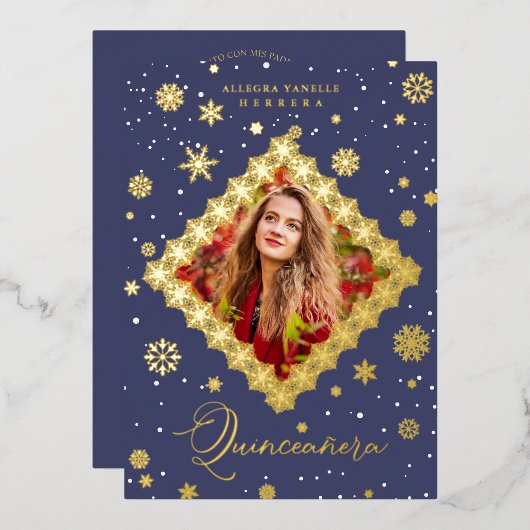 Quinceañera Golden Snowflakes Winter Christmas 箔招待状 (正面/裏面)
