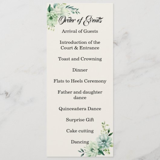 Quinceanera green floral double side program card  プログラム (裏面)