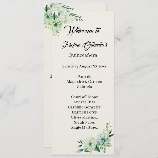 Quinceanera green floral double side program card  プログラム (正面/裏面)