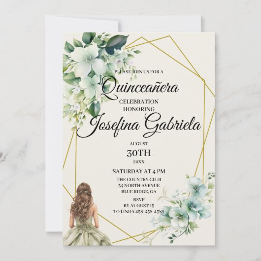 Quinceañera green floral Invitation 招待状 (正面)