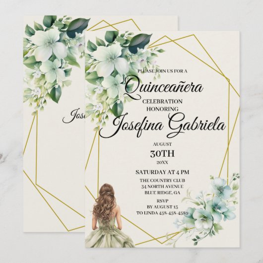 Quinceañera green floral Invitation 招待状 (正面/裏面)