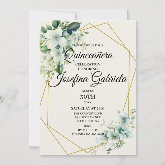 Quinceañera Green floral Invitation 招待状 (正面)