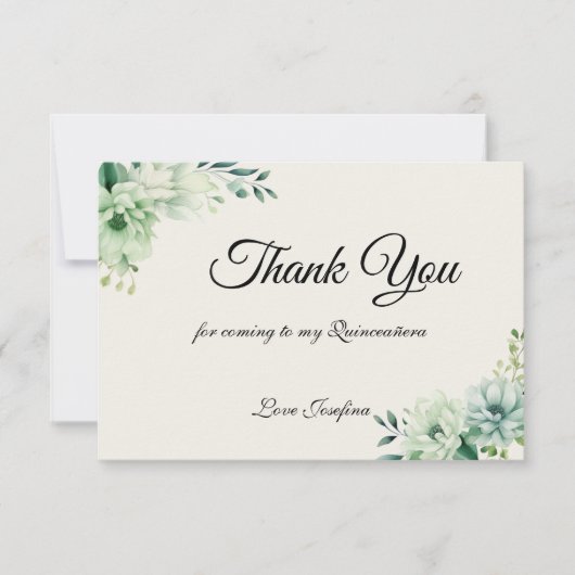 Quinceanera green floral Thank You Card サンキューカード (正面)