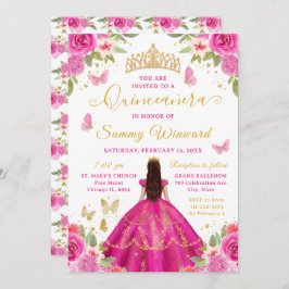 Quinceañera Hot Pink Princess Brunette Girl 招待状