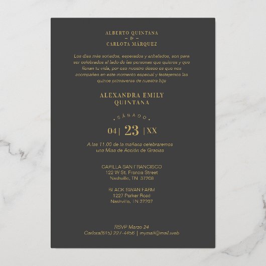 Quinceañera Initials Ornamental Lace Sophisticated 箔招待状 (裏面)