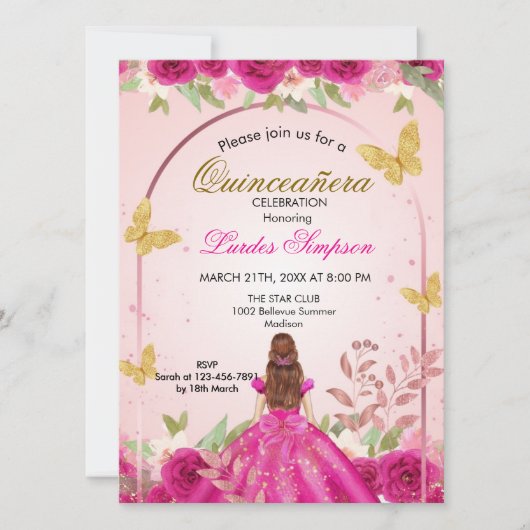 Quinceañera invitation Elegant Pink 招待状 (正面)