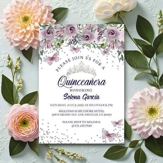Quinceañera Invitation – Purple Floral & Butterfly 招待状