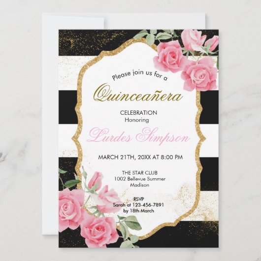  Quinceañera invitation Stripe Floral 招待状 (正面)