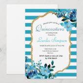  Quinceañera invitation Stripe Floral Blue 招待状 (正面/裏面)