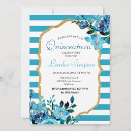  Quinceañera invitation Stripe Floral Blue 招待状