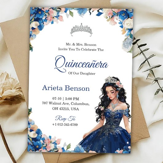 Quinceañera invitation with blue floral accents 招待状
