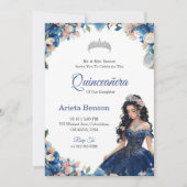 Quinceañera invitation with blue floral accents 招待状 (正面)