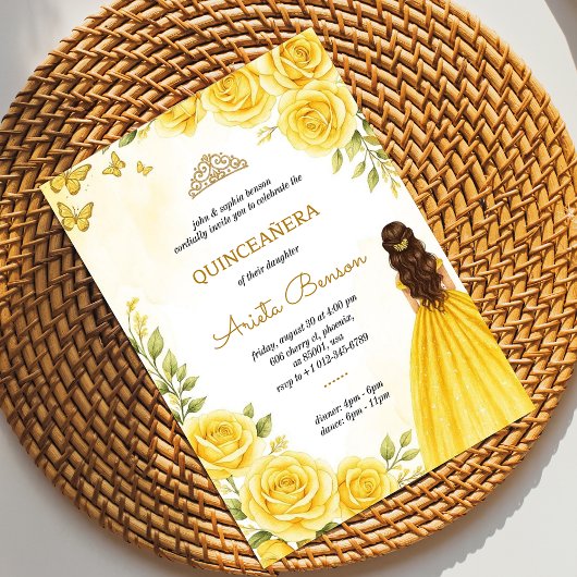 Quinceañera invitation with elegant yellow roses 招待状