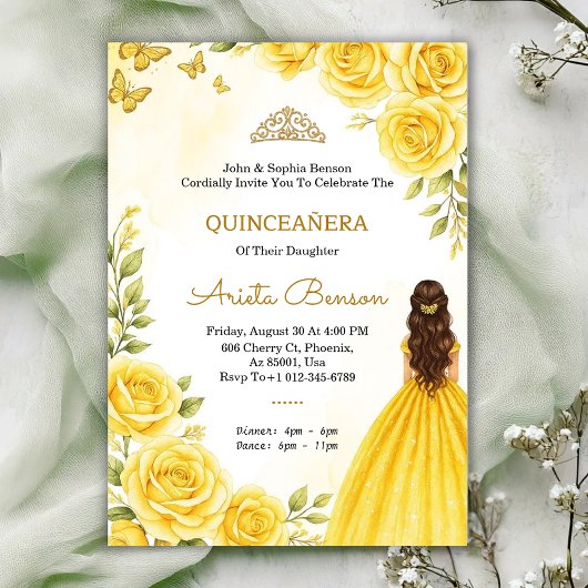 Quinceañera invitation with elegant yellow roses 招待状