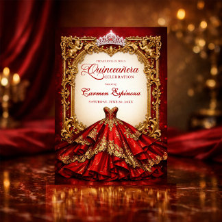 Quinceañera Invitations Red & Gold Royal Ball Gown 招待状