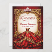 Quinceañera Invitations Red & Gold Royal Ball Gown 招待状 (正面)