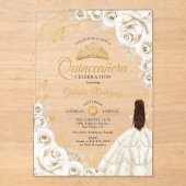 Quinceanera Ivory Gold Cream White Floral Dress アクリル招待状 (正面)