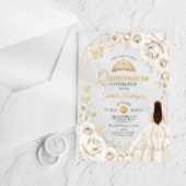 Quinceanera Ivory Gold Cream White Floral Dress アクリル招待状