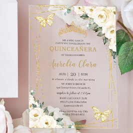 Quinceañera Ivory White Floral Butterflies Crown アクリル招待状