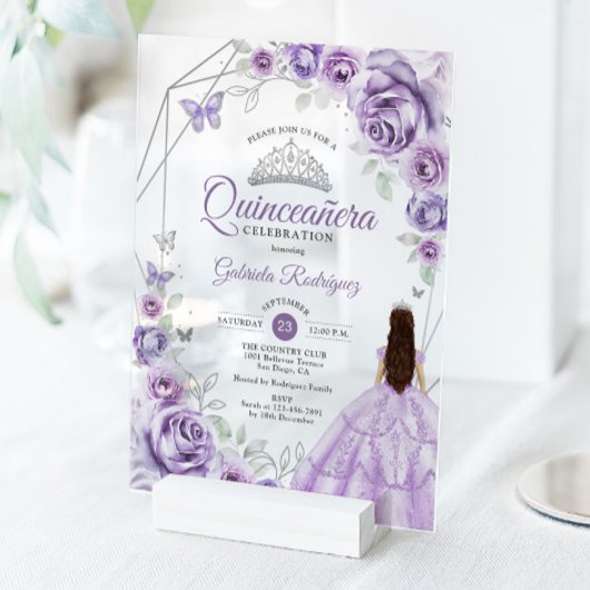 Quinceanera Lilac Purple Dress Floral Silver アクリル招待状