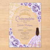 Quinceanera Lilac Purple Gold Floral アクリル招待状 (正面)