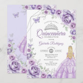 Quinceanera Lilac Purple Silver Blonde Girl Floral 招待状 (正面/裏面)