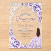Quinceanera Lilac Purple Silver Floral アクリル招待状 (正面)