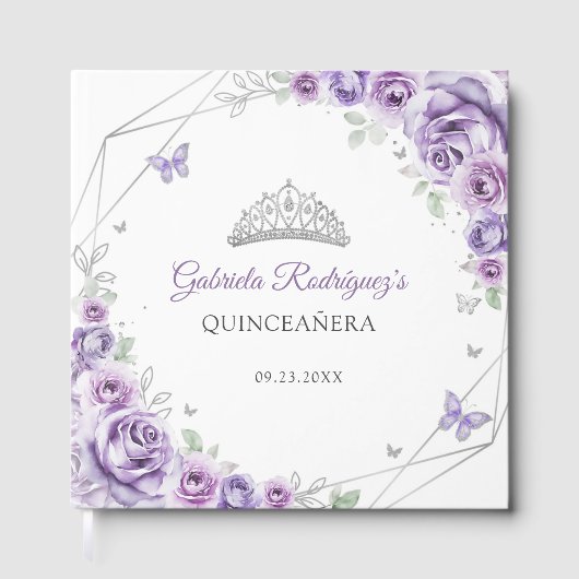 Quinceanera Lilac Purple Silver Floral ゲストブック (正面)