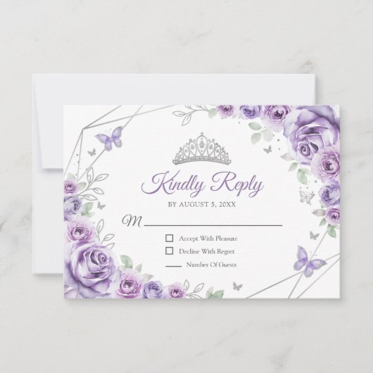 Quinceanera Lilac Purple Silver Floral Reply 出欠カード (正面)