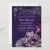Quinceañera Mascarada Morado Plata Elegante 招待状 (正面)