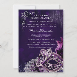 Quinceañera Mascarada Morado Plata Elegante 招待状