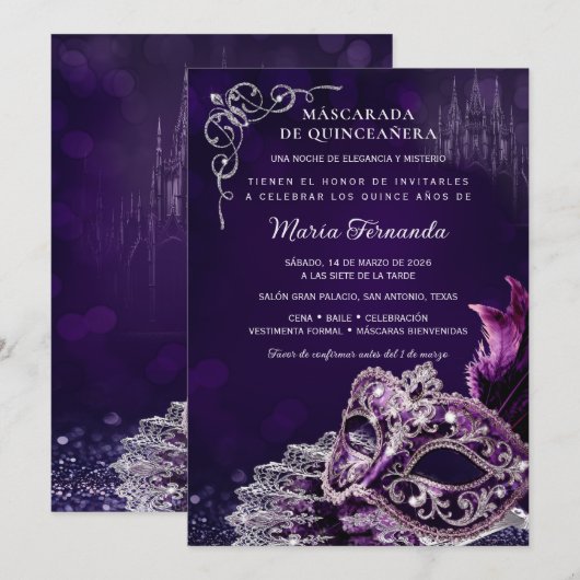 Quinceañera Mascarada Morado Plata Elegante 招待状 (正面/裏面)
