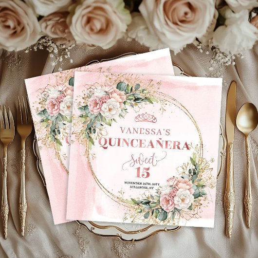 Quinceañera Napkins Rose Gold Floral Eucalyptus スタンダードカクテルナプキン