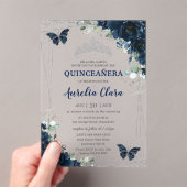 Quinceanera Navy Blue Floral Butterflies Silver アクリル招待状 (インサイチュ (ポータブル))
