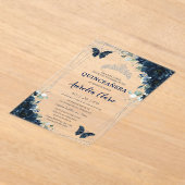 Quinceanera Navy Blue Floral Butterflies Silver アクリル招待状 (レイダウン)