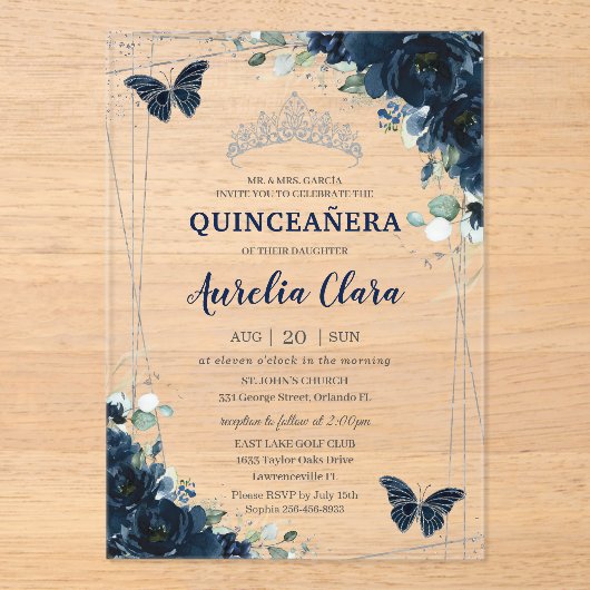 Quinceanera Navy Blue Floral Butterflies Silver アクリル招待状 (正面)