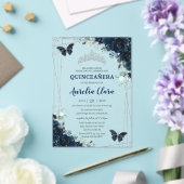 Quinceanera Navy Blue Floral Butterflies Silver アクリル招待状 (インサイチュ (ウェディング))