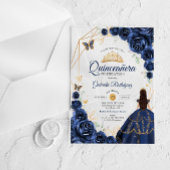 Quinceanera Navy Blue Floral Dress Gold アクリル招待状