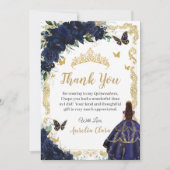 Quinceañera Navy Blue Floral Gold Princess 15 16 サンキューカード (正面)