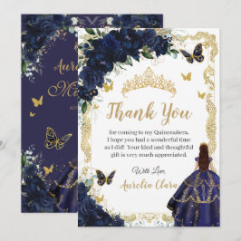 Quinceañera Navy Blue Floral Gold Princess 15 16 サンキューカード