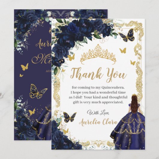 Quinceañera Navy Blue Floral Gold Princess 15 16 サンキューカード (正面/裏面)