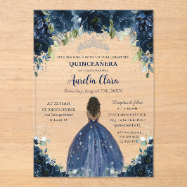 Quinceanera Navy Blue Floral Silver Brown Princess アクリル招待状