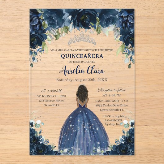 Quinceanera Navy Blue Floral Silver Brown Princess アクリル招待状 (正面)
