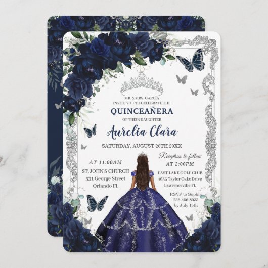Quinceañera Navy Blue Floral Silver Princess  招待状 (正面/裏面)