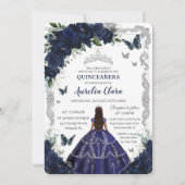 Quinceañera Navy Blue Floral Silver Princess  招待状 (正面)