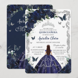 Quinceanera Navy Blue Floral Silver Princess  招待状