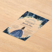 Quinceañera Navy Blue Floral Silver Princess Crown アクリル招待状 (レイダウン)