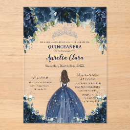 Quinceañera Navy Blue Floral Silver Princess Crown アクリル招待状